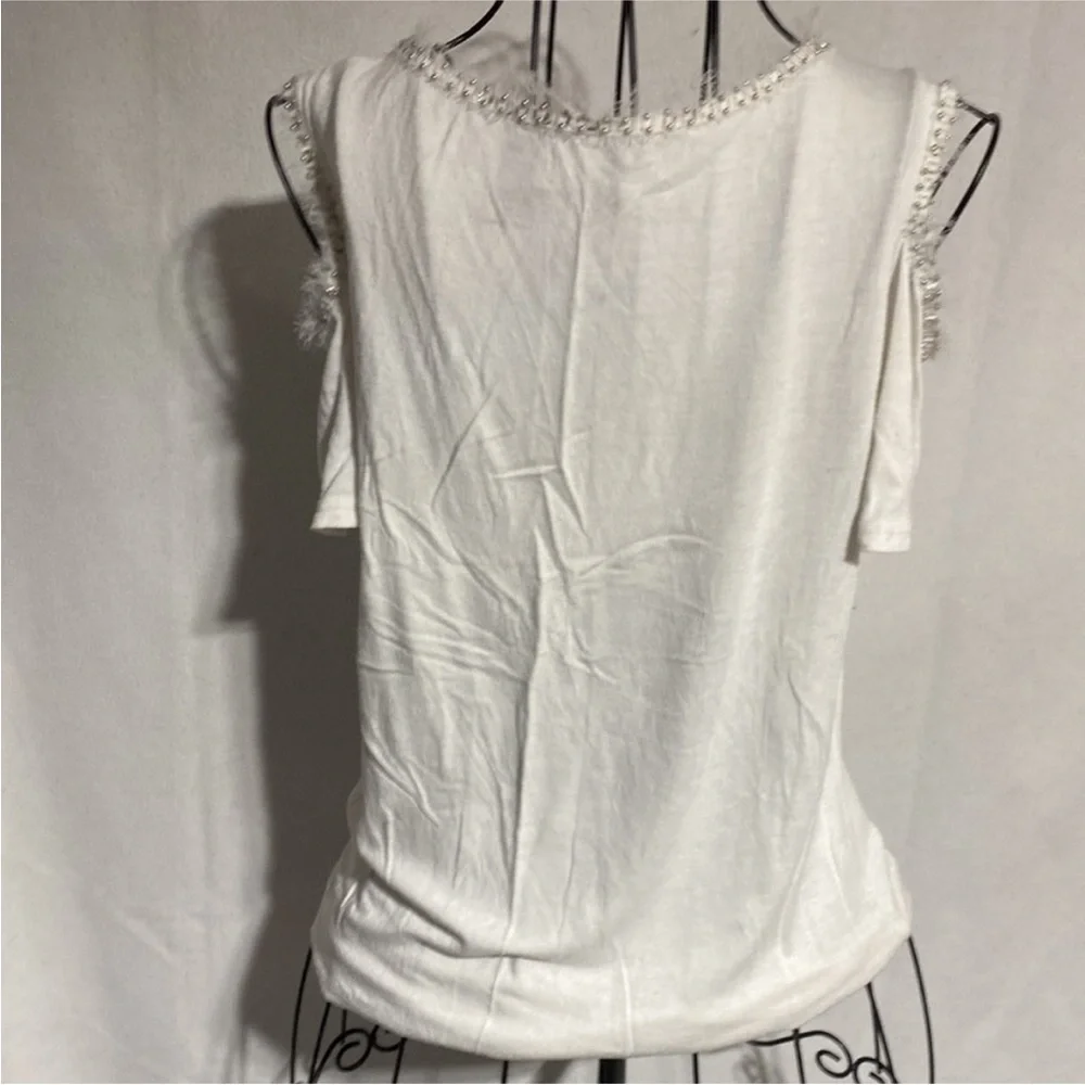 BKE Cream Sleeveless Blouse with Beaded Trim - Picture 2 of 7